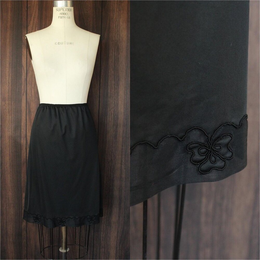 Vintage 1960s 1970s Half Slip, Carol Brent Black Nylon with Shamrock, Size Small